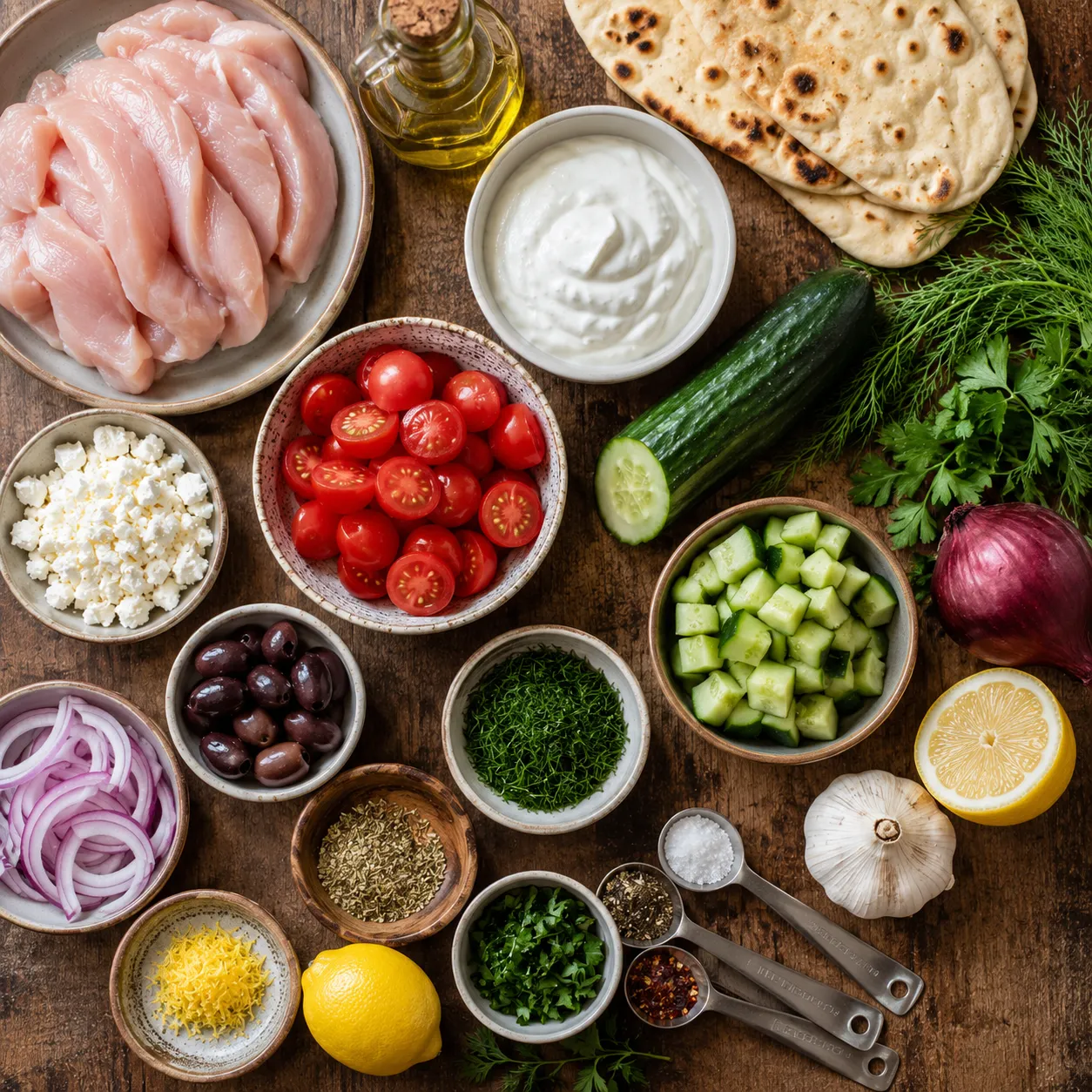 Greek chicken flatbread ingredients with yogurt sauce, vegetables, feta, and lemon