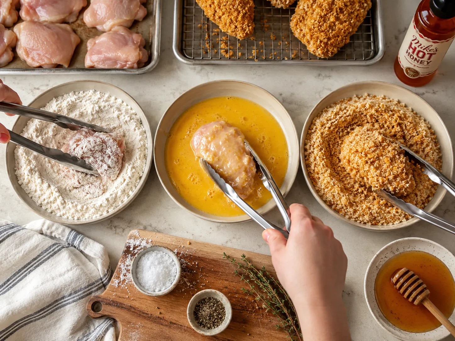 Chicken pieces being coated in panko for hot honey chicken