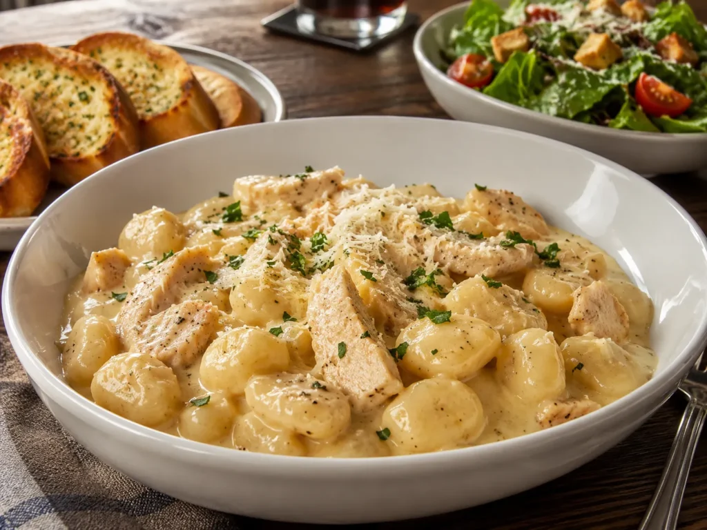 Final plated creamy chicken gnocchi with garlic bread and salad