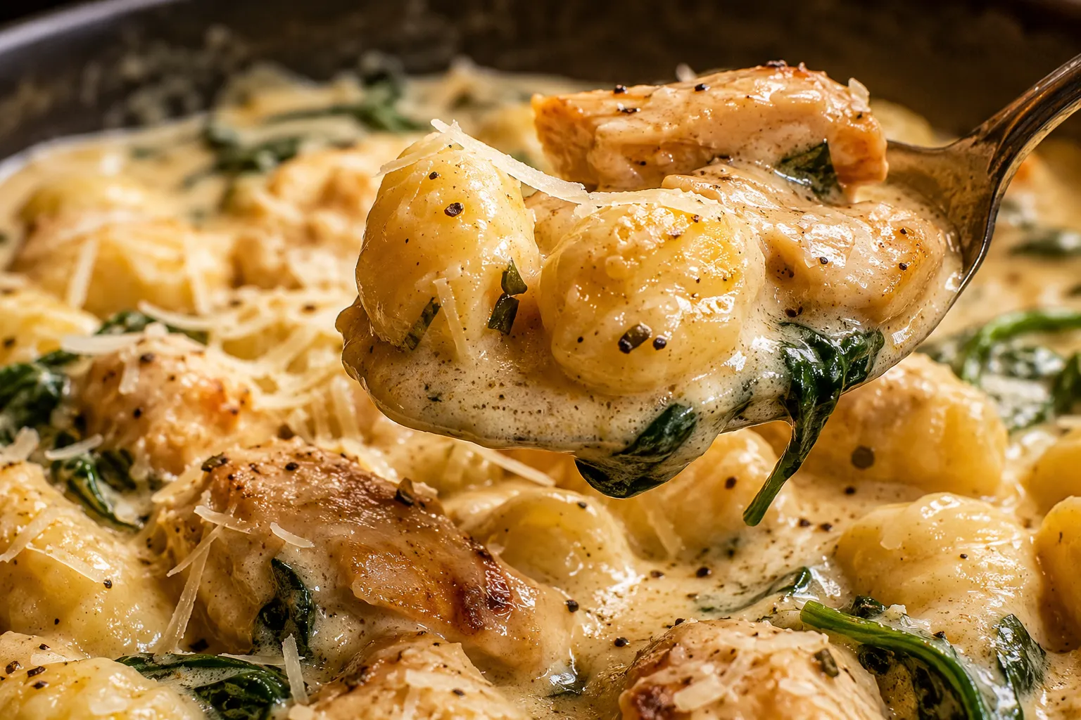 Close-up of creamy chicken gnocchi with tender chicken and spinach
