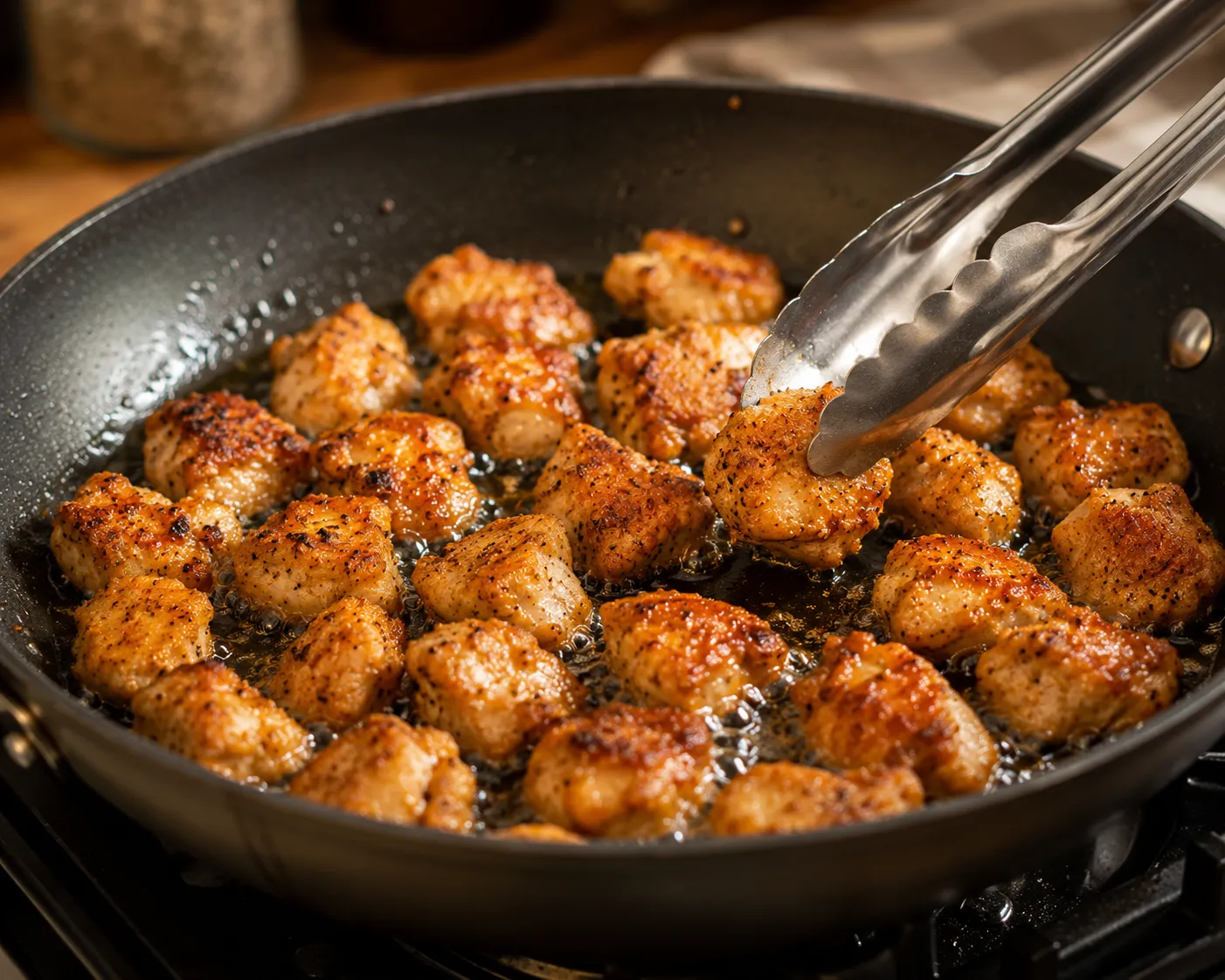 Chicken pieces being coated for honey BBQ chicken bites recipe