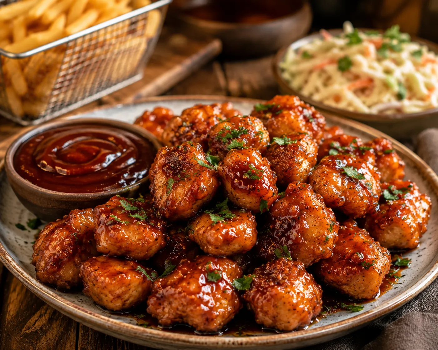 Golden chicken bites cooking in a skillet before adding BBQ sauce