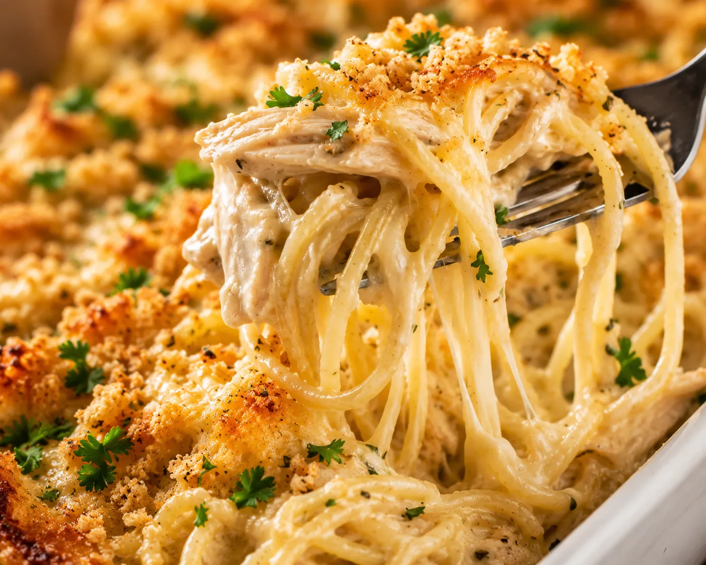 Close-up of cheesy Monterey chicken spaghetti with tender chicken