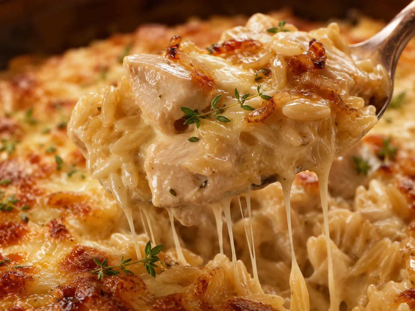 Spoonful of creamy chicken orzo casserole with melted cheese
