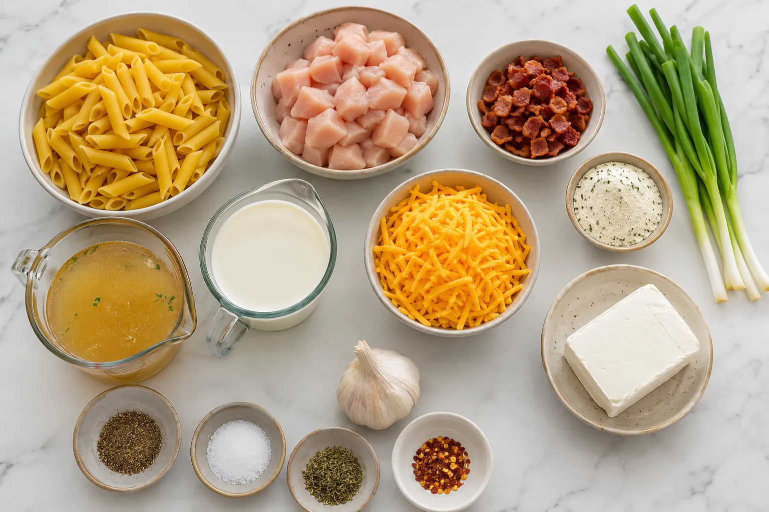 Ingredients for creamy crack chicken pasta on a kitchen counter
