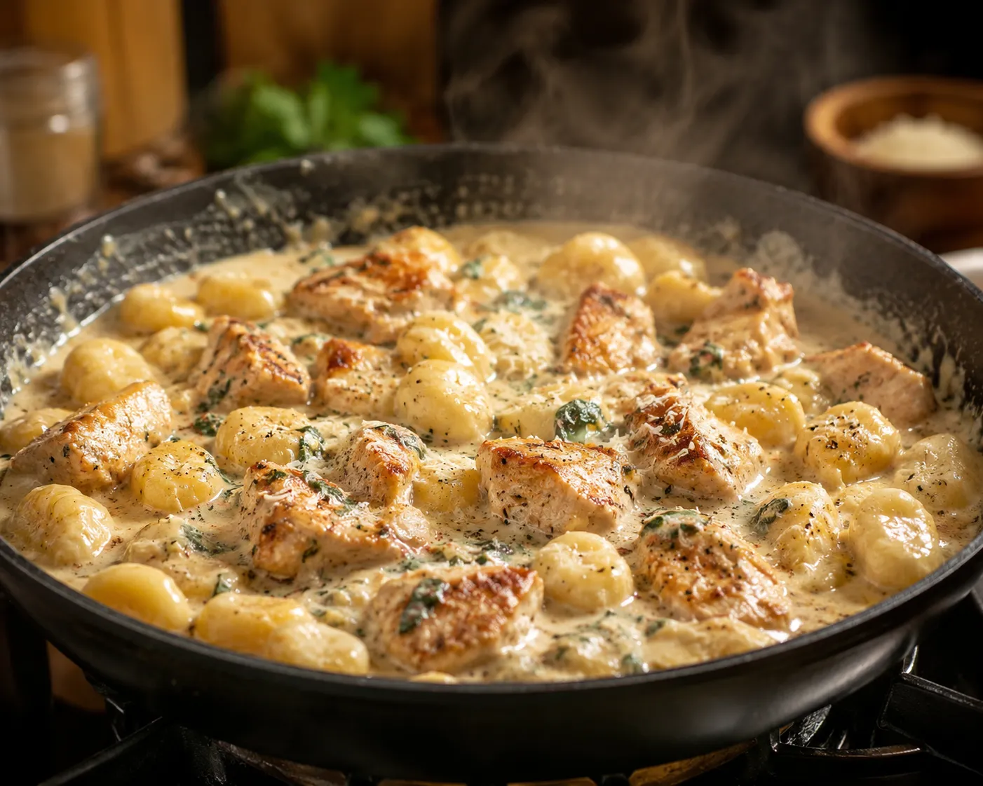 Gnocchi simmering in creamy parmesan sauce with chicken