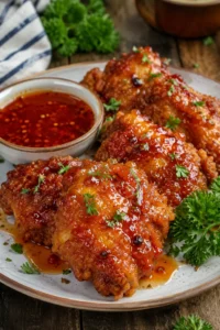 Baked Hot Honey Chicken with crispy coating and sweet spicy glaze