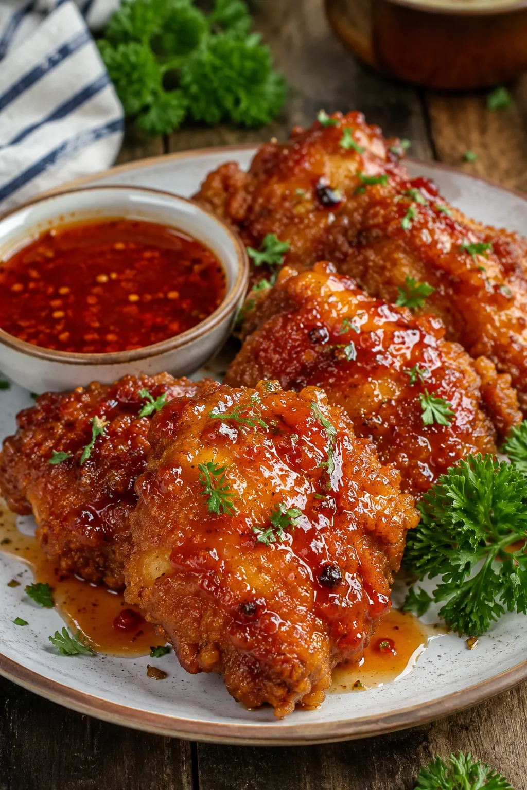 Baked Hot Honey Chicken with crispy coating and sweet spicy glaze