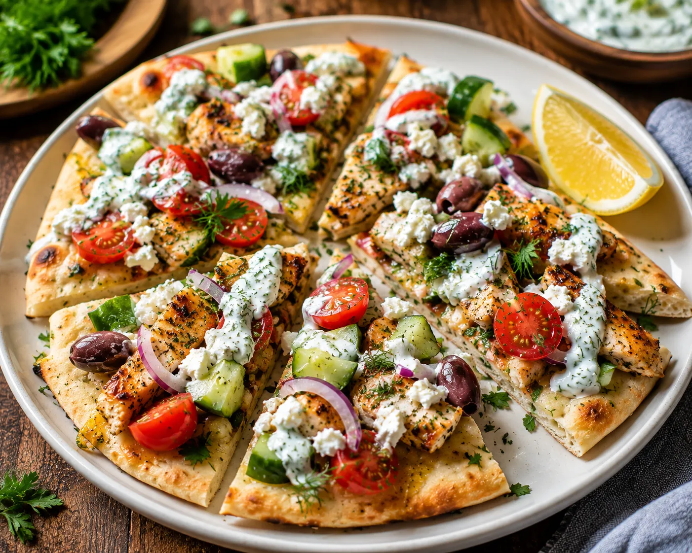 Finished Greek chicken flatbread topped with cucumber, tomatoes, olives, feta, and herbs