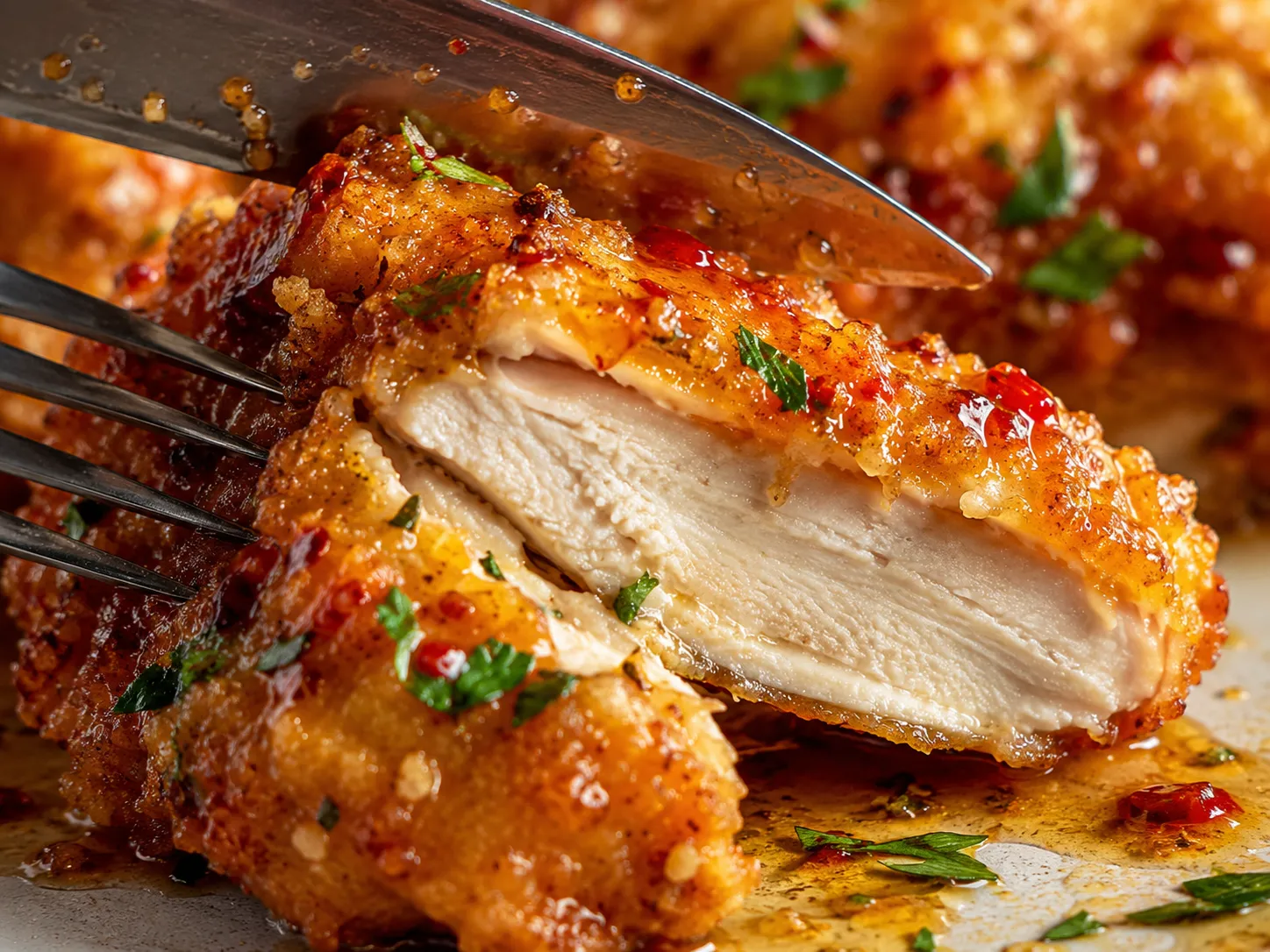Close-up of juicy Baked Hot Honey Chicken with crispy crust