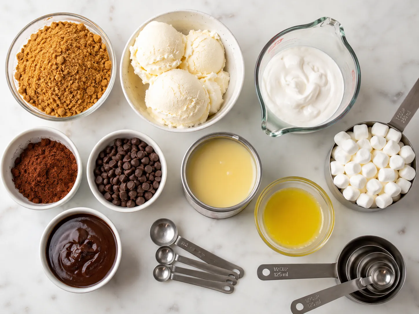 Ingredients for homemade S'Mores Icecream Roll on a kitchen counter