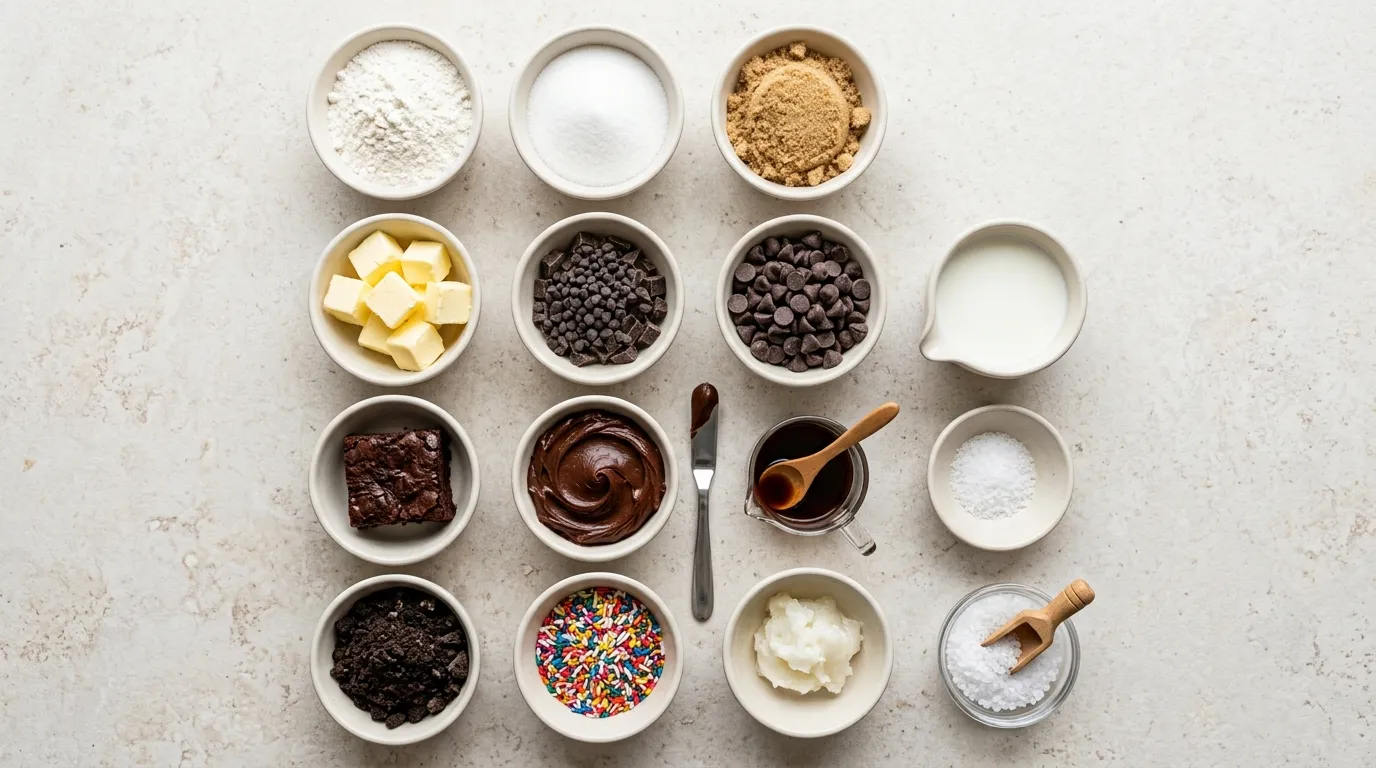Ingredients for the Chocolate Chip Cookie Dough Brownie Bombs