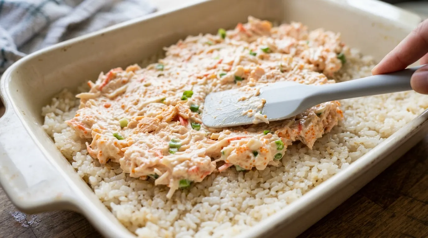 Assemble the Sushi Bake to make the Spicy Salmon Sushi Bake
